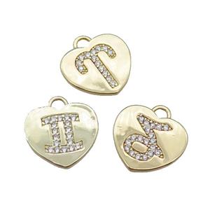 copper heart pendant pave zircon, mix zodiac, gold plated, approx 11-13mm [FN22205]