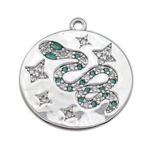 copper circle pendant pave zircon with snake, platinum plated, approx 25mm dia [FN22213]