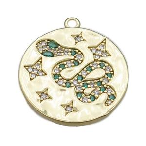 copper circle pendant pave zircon with snake, gold plated, approx 25mm dia [FN22214]