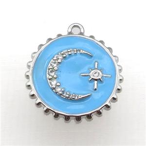 copper circle pendant with moon, blue enameled, platinum plated, approx 20mm dia [FN22221]