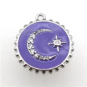 copper circle pendant with moon, purple enameled, platinum plated, approx 20mm dia [FN22222]