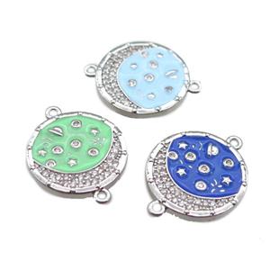 copper circle connector with moon, mix enameled, platinum plated, approx 20mm dia [FN22234]