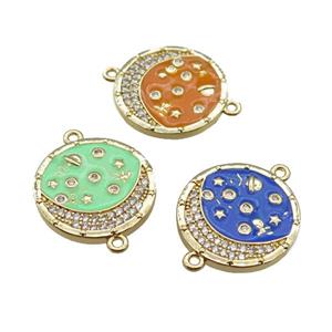 copper circle connector with moon, mix enameled, gold plated, approx 20mm dia [FN22238]