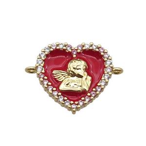 copper heart connector with angel, red enameled, gold plated, approx 13mm [FN22246]