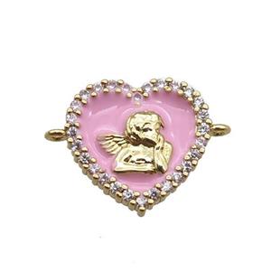 copper heart connector with angel, pink enameled, gold plated, approx 13mm [FN22248]