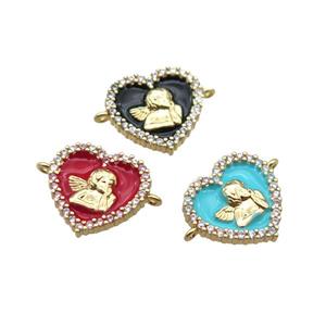 copper heart connector with angel, mix enameled, gold plated, approx 13mm [FN22250]
