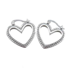copper heart Latchback Earrings pave zircon, platinum plated, approx 21mm [FN22294]