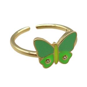 copper Rings, green enameled butterfly, adjustable, gold plated, approx 10-13mm, 18mm dia [FN22336]