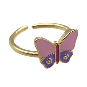 copper Rings, enameled butterfly, adjustable, gold plated, approx 10-13mm, 18mm dia [FN22338]