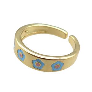 Copper Rings with blue enameling flower, gold plated, approx 5.5mm, 18mm dia [FN22396]
