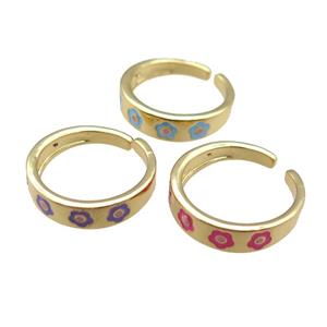 Copper Rings with enameling flower, mixed, adjustable, gold plated, approx 5.5mm, 18mm dia [FN22399]
