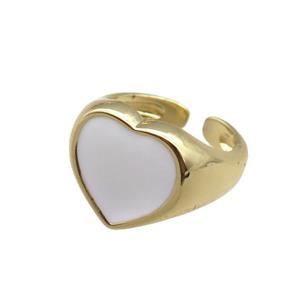 Copper Rings with white enameled heart, adjustable, gold plated, approx 12mm, 14mm dia [FN22411]