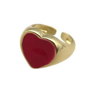 Copper Rings with red enameled heart, adjustable, gold plated, approx 12mm, 14mm dia [FN22413]