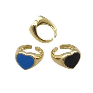 Copper Rings with enameled heart, mix, adjustable, gold plated, approx 12mm, 14mm dia [FN22417]