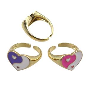 mix Copper Rings with enameled heart, yinyang, adjustable, gold plated, approx 13mm, 18mm dia [FN22422]