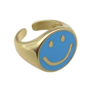 copper rings with blue enameled smileface emoji, adjustable, gold plated, approx 17.5mm, 18mm dia [FN22437]