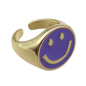 copper rings with purple enameled smileface emoji, adjustable, gold plated, approx 17.5mm, 18mm dia [FN22438]