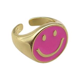 copper rings with pink enameled smileface emoji, adjustable, gold plated, approx 17.5mm, 18mm dia [FN22439]