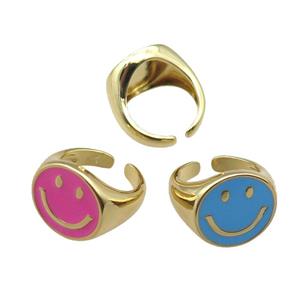 mix copper rings with enameled smileface emoji, adjustable, gold plated, approx 17.5mm, 18mm dia [FN22440]