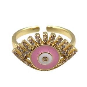 copper rings with pink enameled evil eye, adjustable, gold plated, approx 12-20mm, 18mm dia [FN22460]