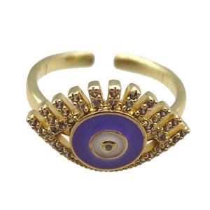 copper rings with purple enameled evil eye, adjustable, gold plated, approx 12-20mm, 18mm dia [FN22461]