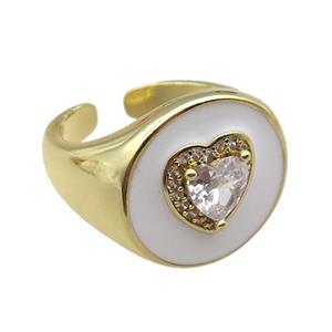 copper rings with white enameled, heart, adjustable, gold plated, approx 17mm, 18mm dia [FN22470]