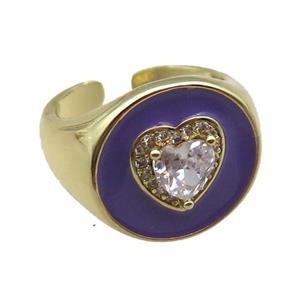 copper rings with purple enameled, heart, adjustable, gold plated, approx 17mm, 18mm dia [FN22471]