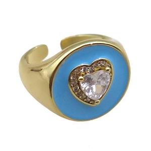 copper rings with blue enameled, heart, adjustable, gold plated, approx 17mm, 18mm dia [FN22472]