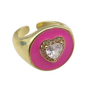 copper rings with pink enameled, heart, adjustable, gold plated, approx 17mm, 18mm dia [FN22473]
