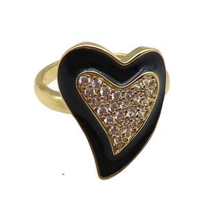 copper rings with black enameled heart, adjustable, gold plated, approx 15-19mm, 18mm dia [FN22476]