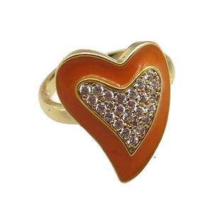 copper rings with orange enameled heart, adjustable, gold plated, approx 15-19mm, 18mm dia [FN22477]