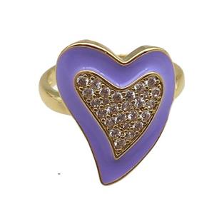 copper rings with purple enameled heart, adjustable, gold plated, approx 15-19mm, 18mm dia [FN22479]