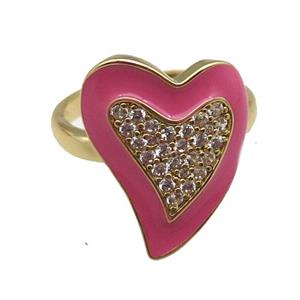 copper rings with pink enameled heart, adjustable, gold plated, approx 15-19mm, 18mm dia [FN22480]