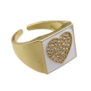 copper rings paved zircon with white enameled, heart, adjustable, gold plated, approx 13mm, 18mm dia [FN22487]