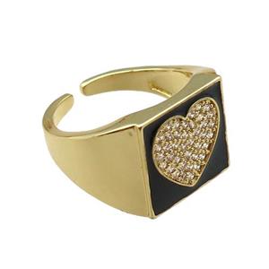 copper rings paved zircon with black enameled, heart, adjustable, gold plated, approx 13mm, 18mm dia [FN22488]