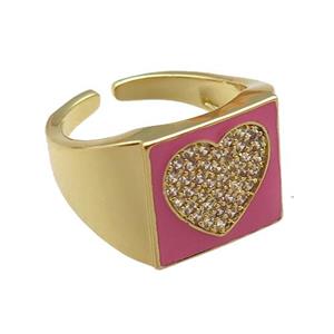 copper rings paved zircon with pink enameled, heart, adjustable, gold plated, approx 13mm, 18mm dia [FN22489]
