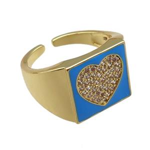 copper rings paved zircon with blue enameled, heart, adjustable, gold plated, approx 13mm, 18mm dia [FN22490]