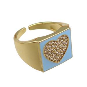 copper rings paved zircon with blue enameled, heart, adjustable, gold plated, approx 13mm, 18mm dia [FN22492]