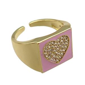 copper rings paved zircon with pink enameled, heart, adjustable, gold plated, approx 13mm, 18mm dia [FN22493]