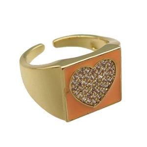 copper rings paved zircon with orange enameled, heart, adjustable, gold plated, approx 13mm, 18mm dia [FN22494]