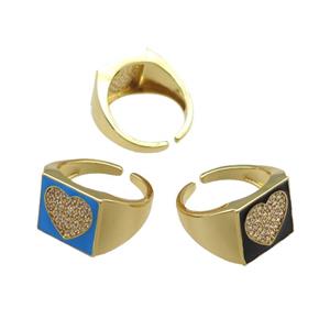 mix copper rings paved zircon with enameled, heart, adjustable, gold plated, approx 13mm, 18mm dia [FN22495]