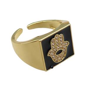 copper rings paved zircon with black enameled, hamsahand, adjustable, gold plated, approx 13mm, 18mm dia [FN22497]