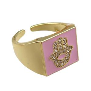 copper rings paved zircon with pink enameled, hamsahand, adjustable, gold plated, approx 13mm, 18mm dia [FN22500]