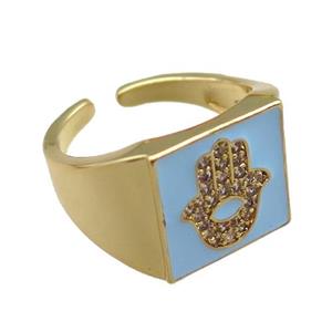 copper rings paved zircon with blue enameled, hamsahand, adjustable, gold plated, approx 13mm, 18mm dia [FN22501]