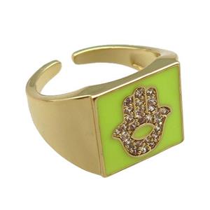 copper rings paved zircon with yellow enameled, hamsahand, adjustable, gold plated, approx 13mm, 18mm dia [FN22503]