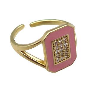 copper rings paved zircon with pink enameled, adjustable, gold plated, approx 10-14mm, 18mm dia [FN22509]