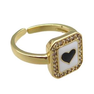 copper rings paved zircon with enameled, heart, adjustable, gold plated, approx 11-12mm, 18mm dia [FN22511]