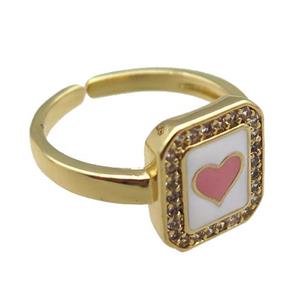 copper rings paved zircon with enameled, heart, adjustable, gold plated, approx 11-12mm, 18mm dia [FN22512]