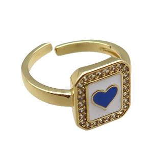 copper rings paved zircon with enameled, heart, adjustable, gold plated, approx 11-12mm, 18mm dia [FN22515]