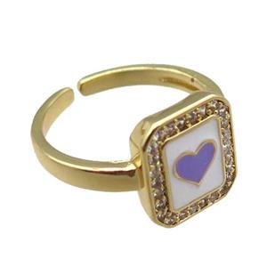 copper rings paved zircon with enameled, heart, adjustable, gold plated, approx 11-12mm, 18mm dia [FN22516]